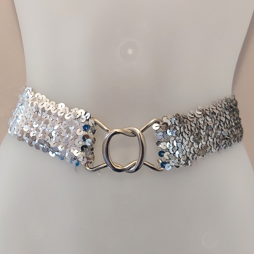 Vintage Silver Sequins Elasticized Stretch Belt with Interlocking Buckle Closure